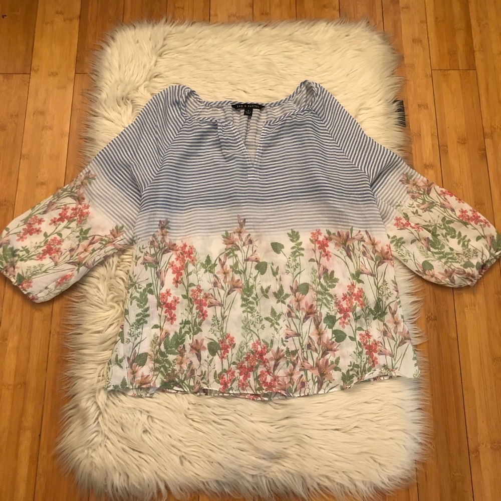 Zac & Rachel Boho Semi Sheer Peasant Floral Prints Stripe Puff Sleeves size S